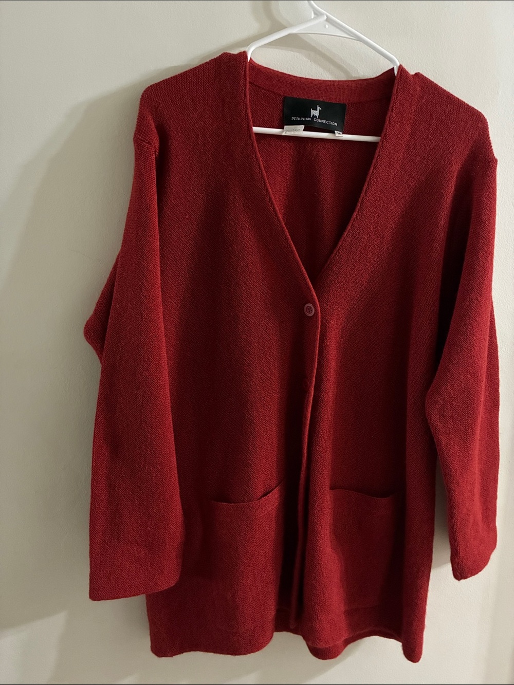 Peruvian Connections Women's Red V-Neck Cardigan Sweater - medium - 100% alpaca